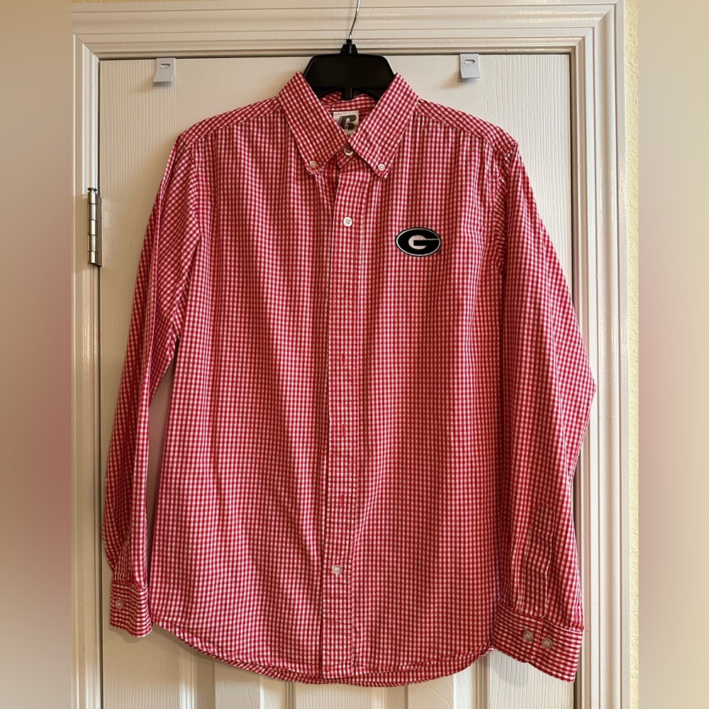 Russell Men’s Gingham Georgia Bulldog Button Down Shirt. Size M. Red & White.